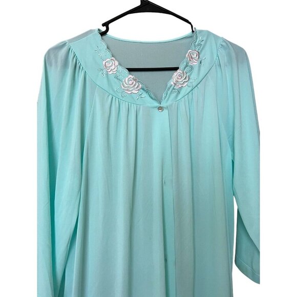 Vintage Shadowline Aqua Nylon Nightgown & Robe Silky Roses Embroidery Small Mcm - Picture 12 of 16